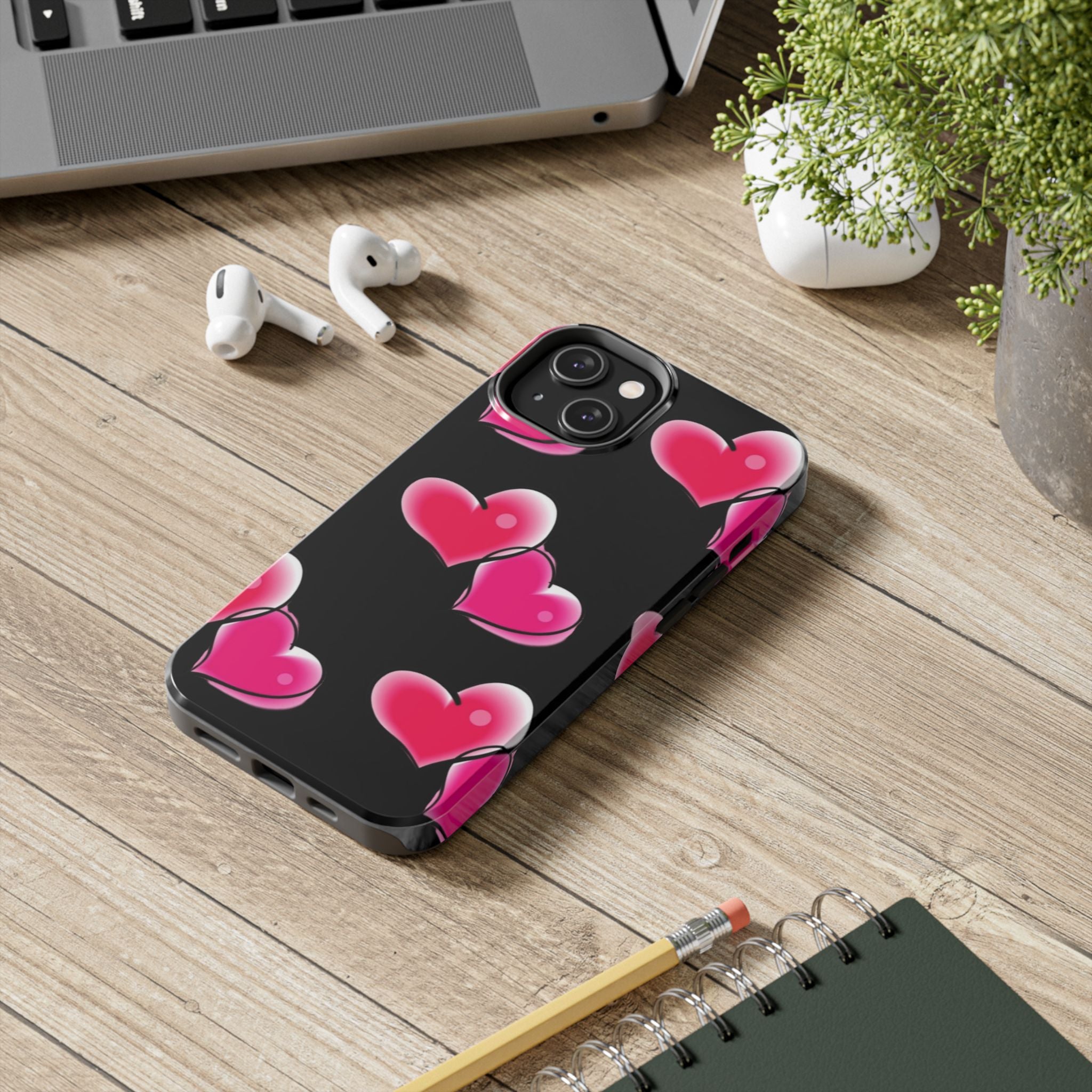 Pink Hearts on Black, Protective Phone Cover