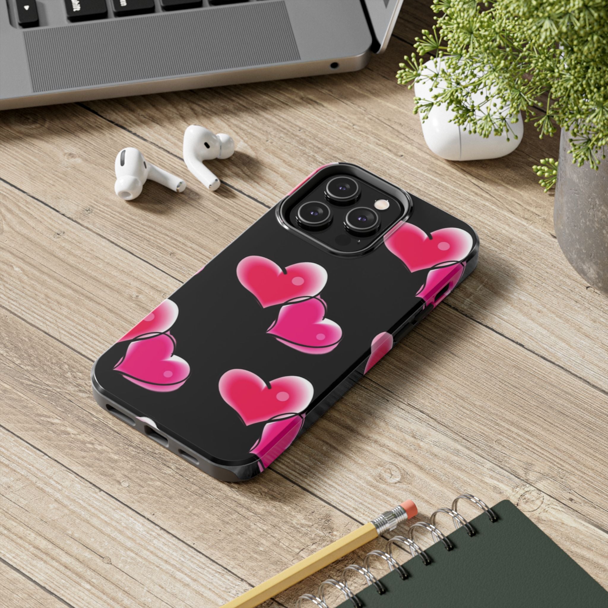 Pink Hearts on Black, Protective Phone Cover