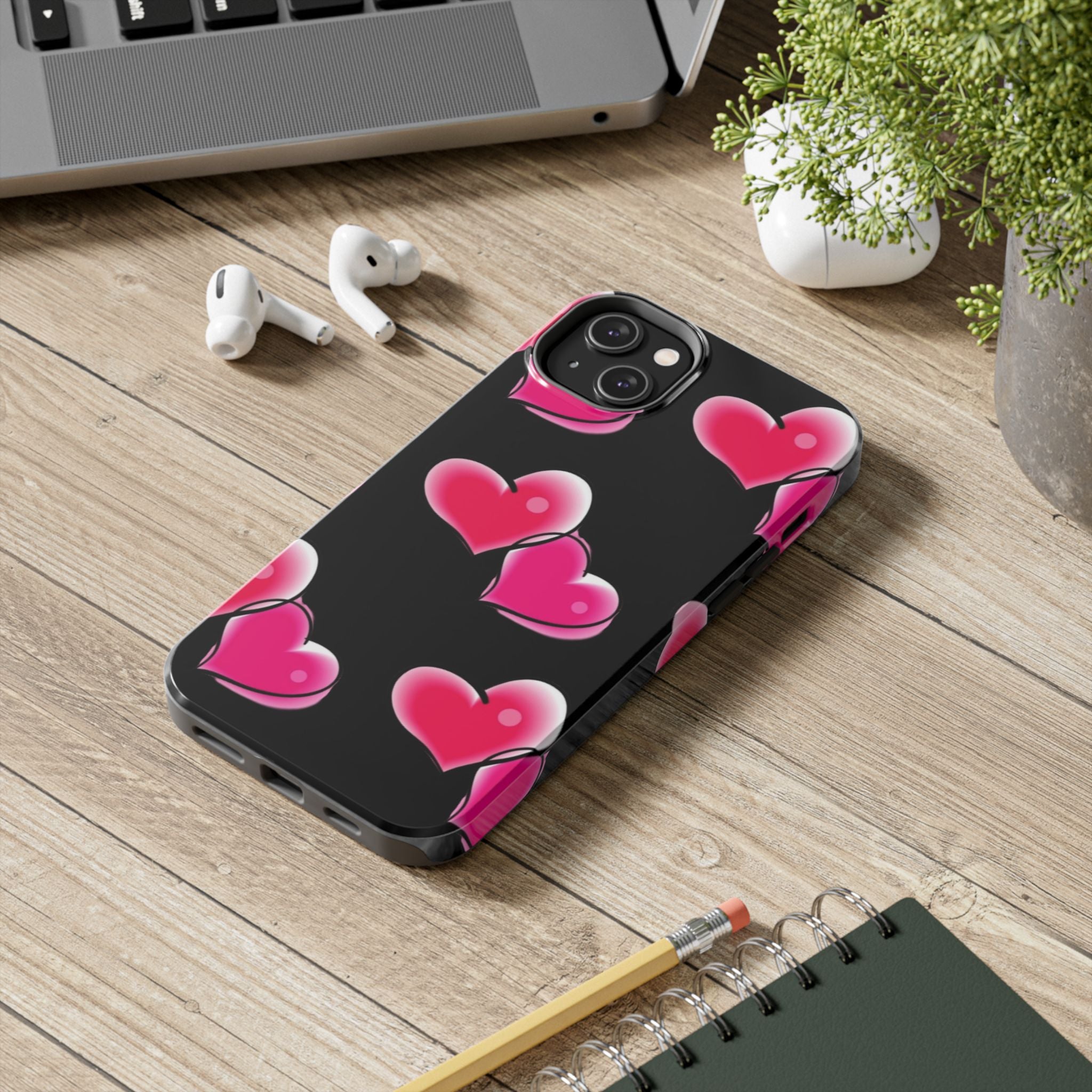 Pink Hearts on Black, Protective Phone Cover